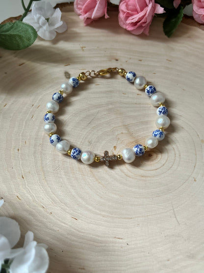 Floral Pearl Cross Bracelet – Christian Jewelry for Women