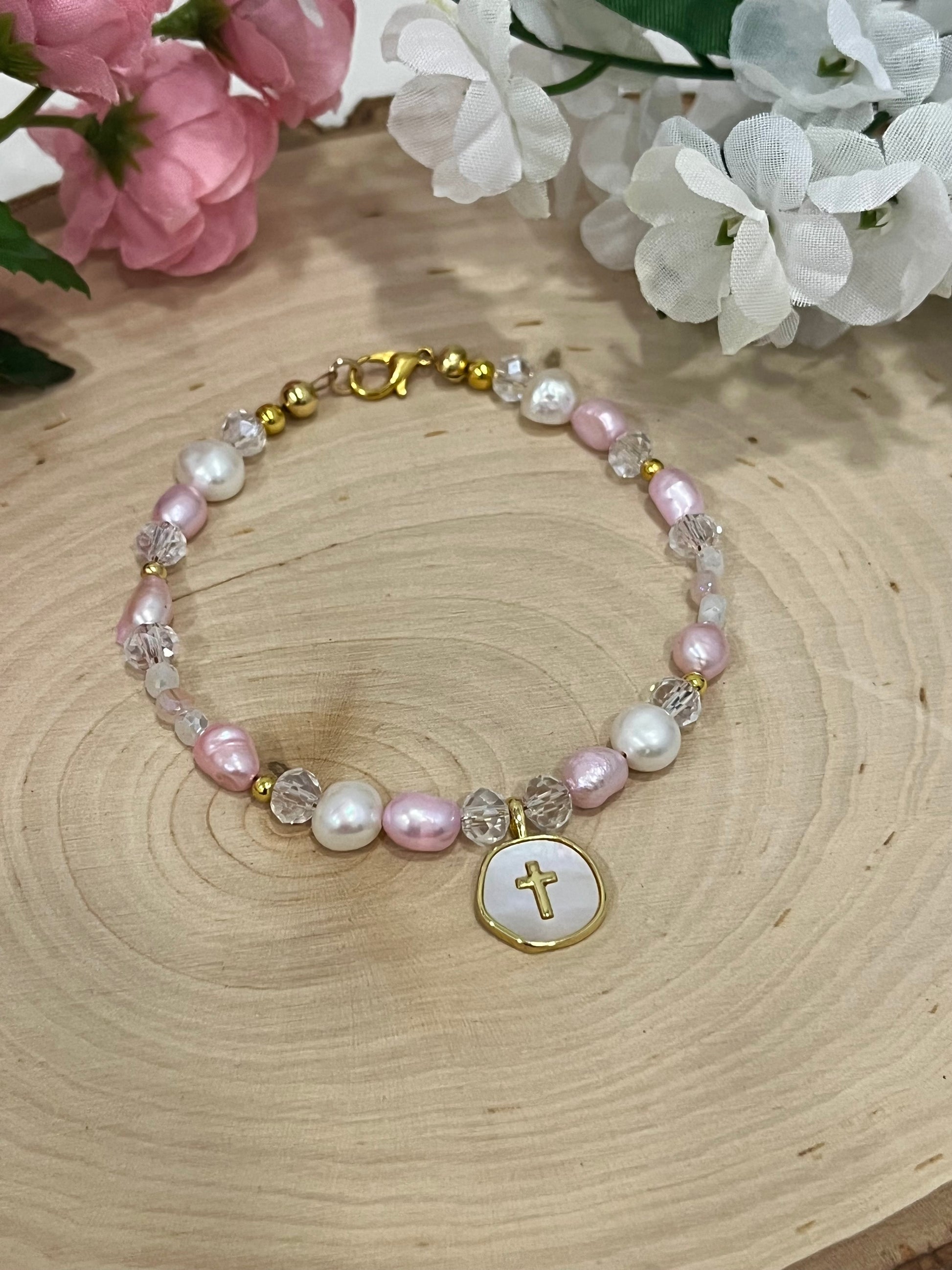 Pink white pearl gold cross bead bracelet Christian jewelry for women
