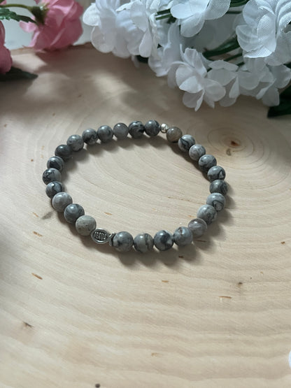 Gray Marble Jesus Fish Bead Bracelet - Spiritual Christian Jewelry