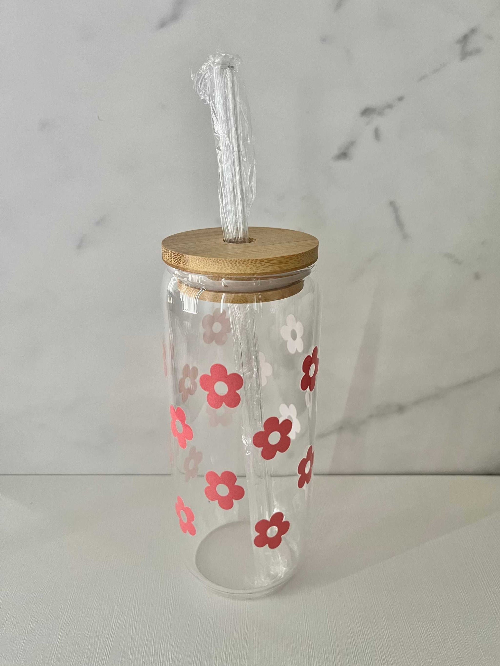 Pink Flower Glass Tumbler with straw and cleaner – 22oz drinkware.

