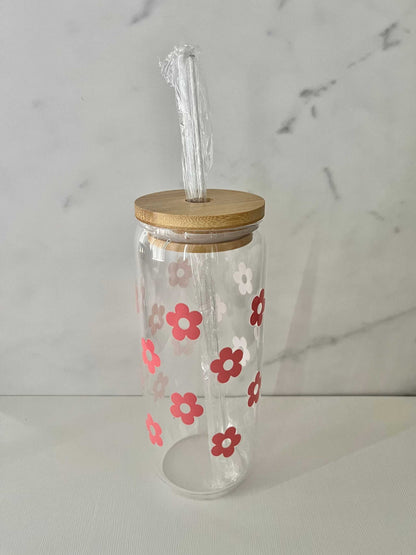 Pink Flower Glass Tumbler with straw and cleaner – 22oz drinkware.

