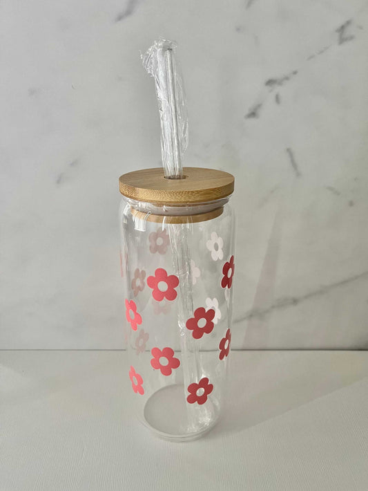 Pink Flower Glass Tumbler with straw and cleaner – 22oz drinkware.

