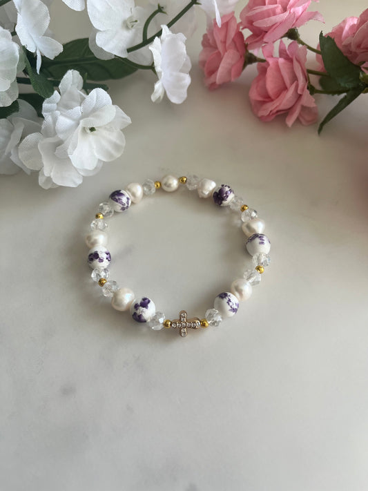Freshwater pearl floral cross bracelet with gold cross charm and floral beads