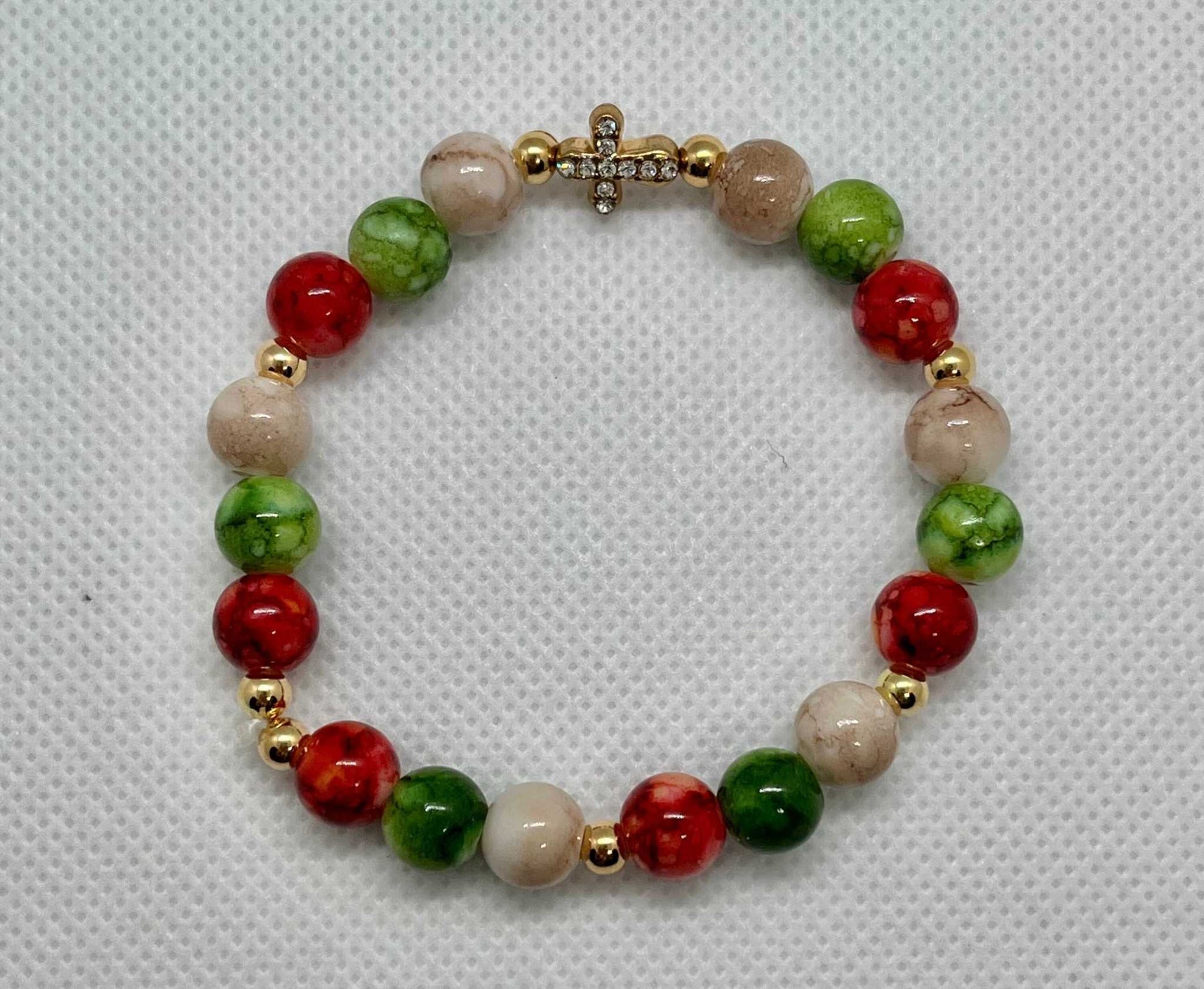 Jeweled Christmas Gold Cross bead bracelet – festive Christian holiday jewelry.

