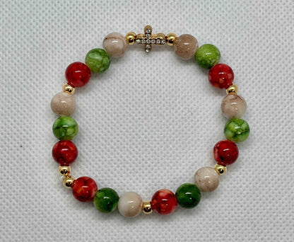 Jeweled Christmas Gold Cross bead bracelet – festive Christian holiday jewelry.

