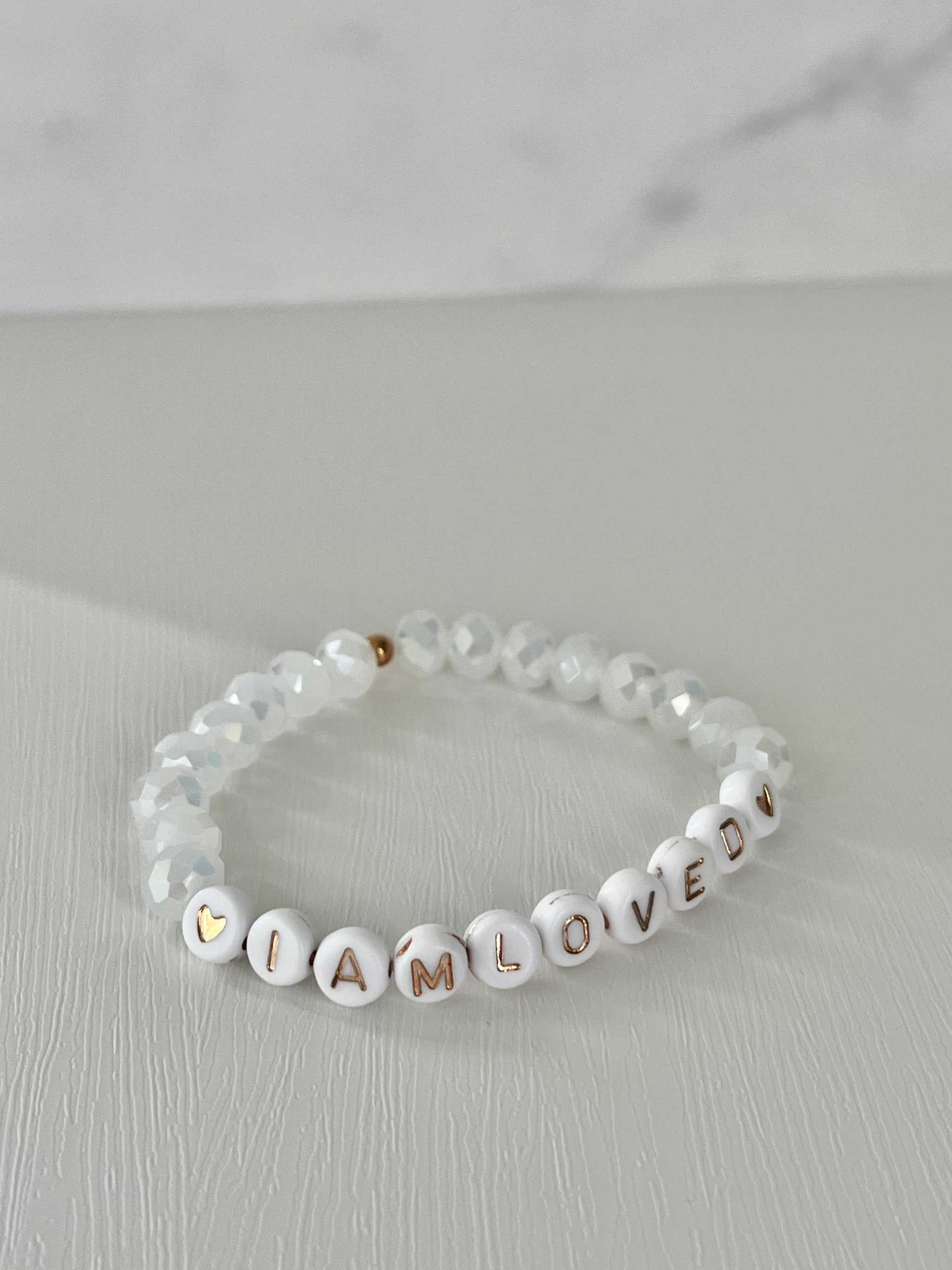 Pink opal and white faceted bead bracelet, I AM LOVED faith jewelry.