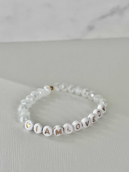 Pink opal and white faceted bead bracelet, I AM LOVED faith jewelry.