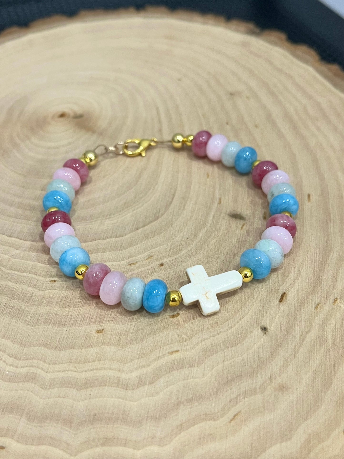 Fruit of the Spirit Cross Bracelet with stone beads and gold accents