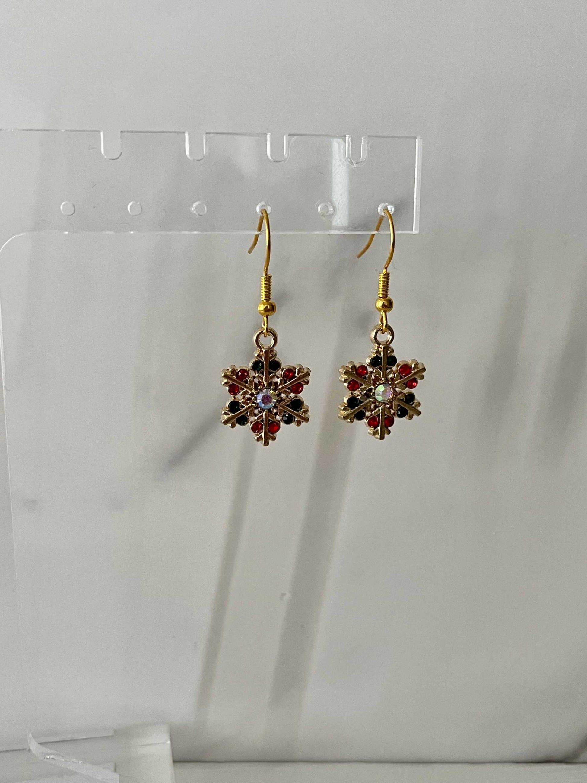 Christmas Earrings with Jeweled Snowflake Gold – Festive Holiday Jewelry


