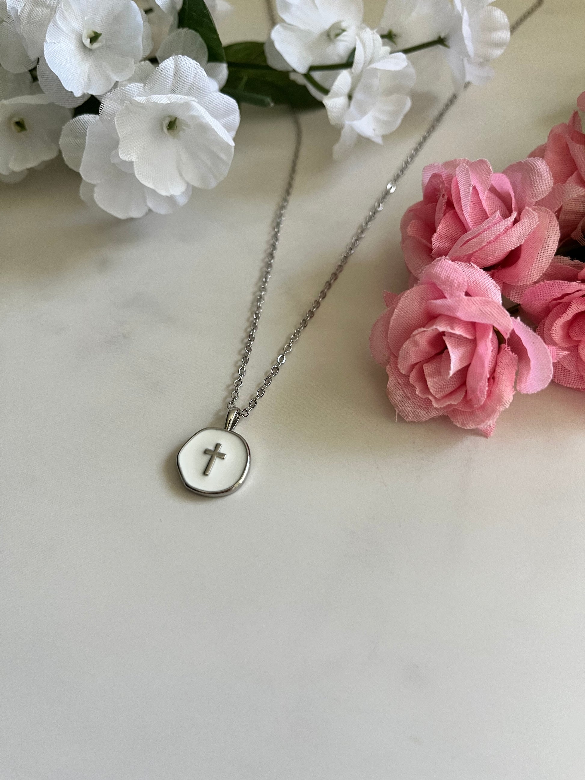 Silver white cross necklace hypoallergenic Christian jewelry
