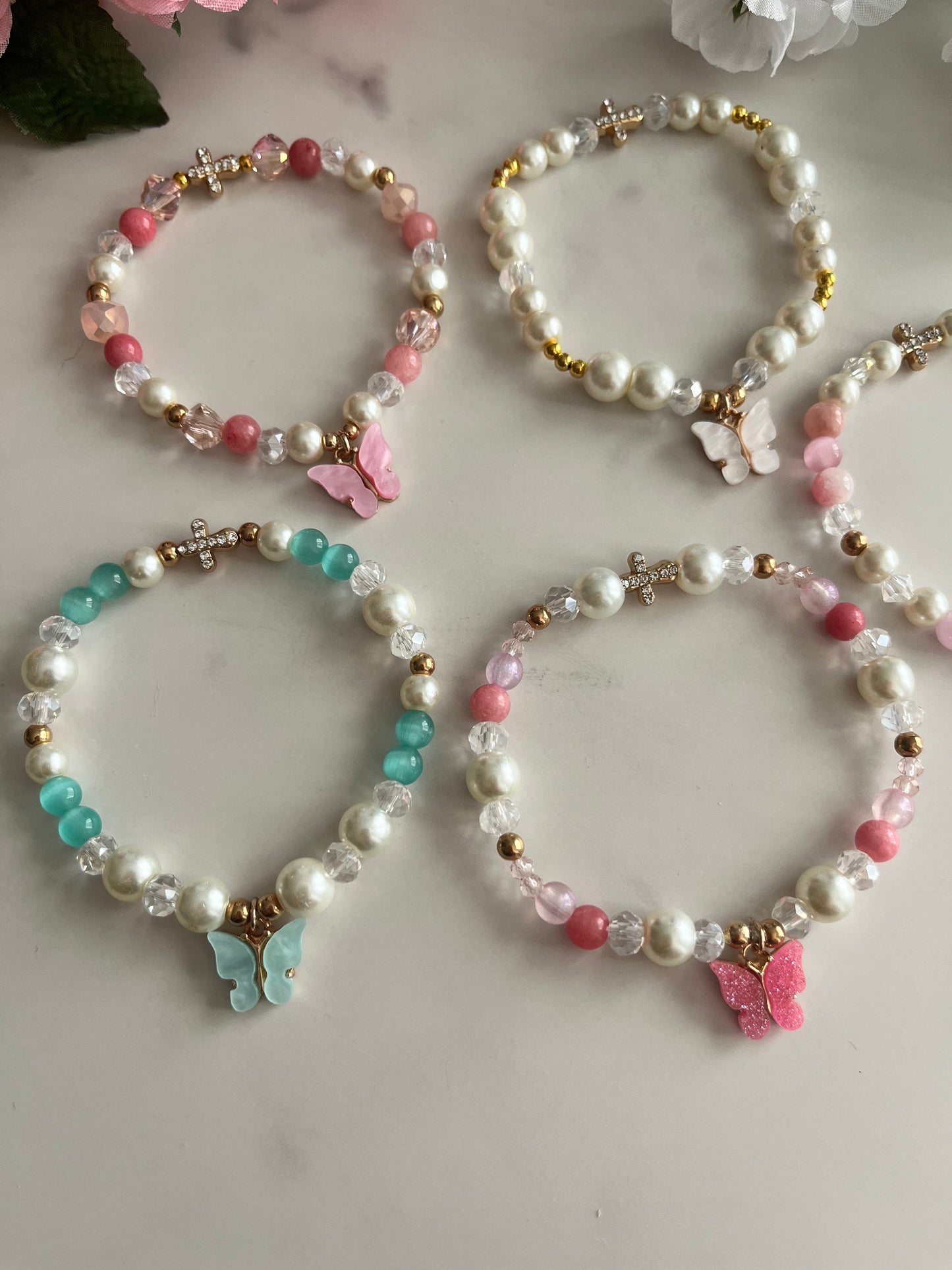 Christian Butterfly Cross Pearl Bead Bracelet with pearl stone and glass beads