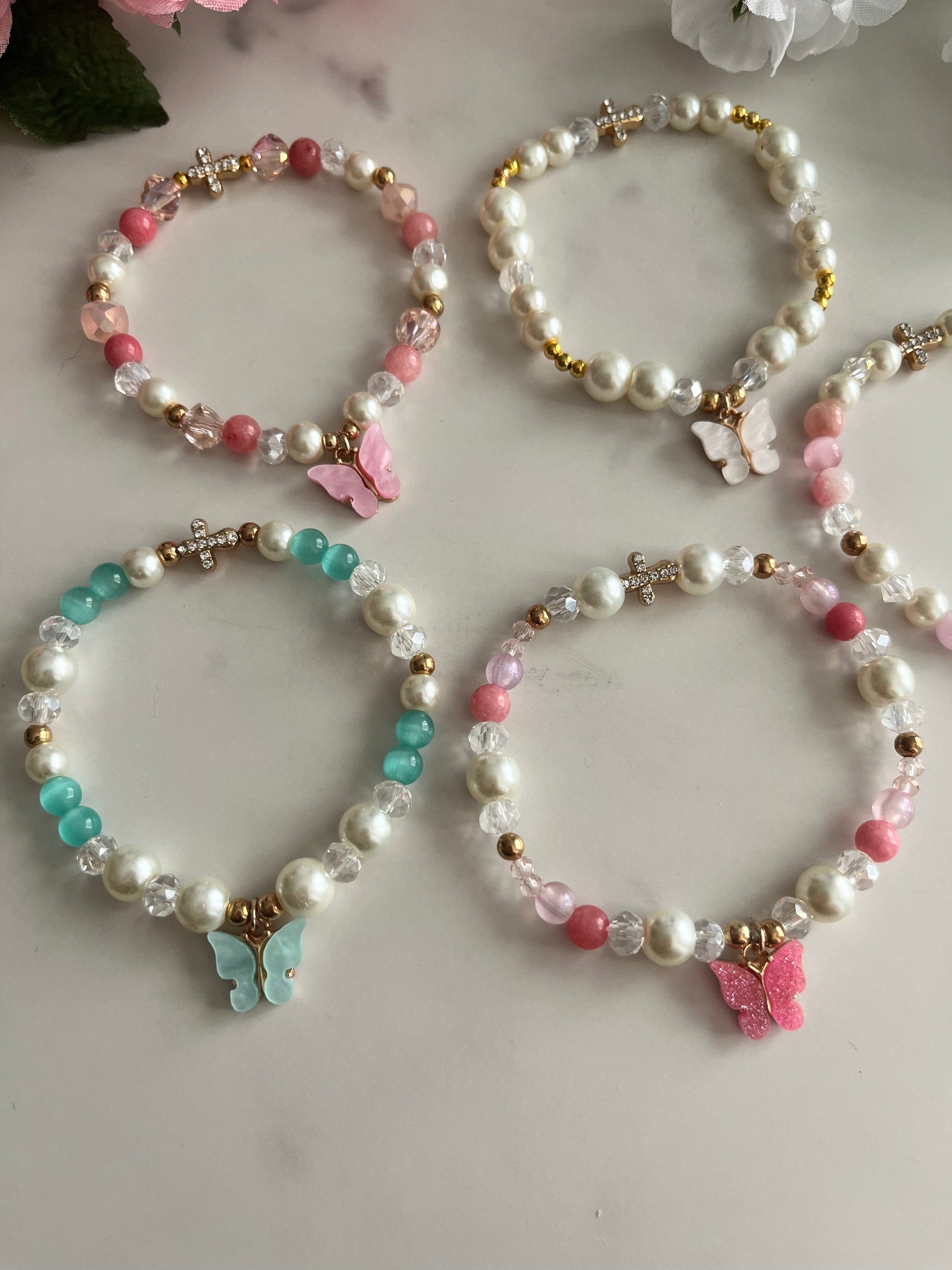 Christian Butterfly Cross Pearl Bead Bracelet with pearl stone and glass beads
