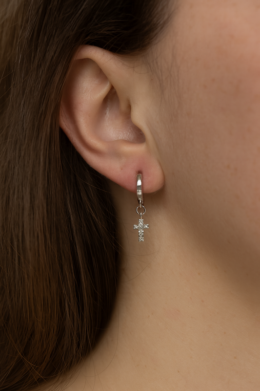Silver Cross Huggie Hoop Earrings with Lever-Back Closure, 11x12mm Faith-Based Jewelry for Women