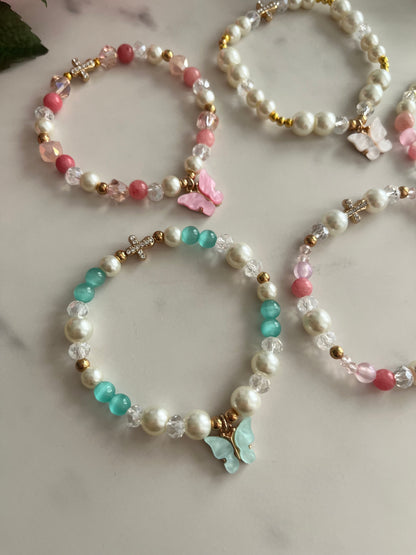 Christian Butterfly Cross Pearl Bead Bracelet with pearl stone and glass beads