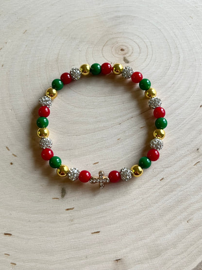 Noel Christmas Cross Bead Bracelet – Faith-Inspired Handmade Jewelry Gift for Christian Women, Holiday Red and Gold Beaded Design