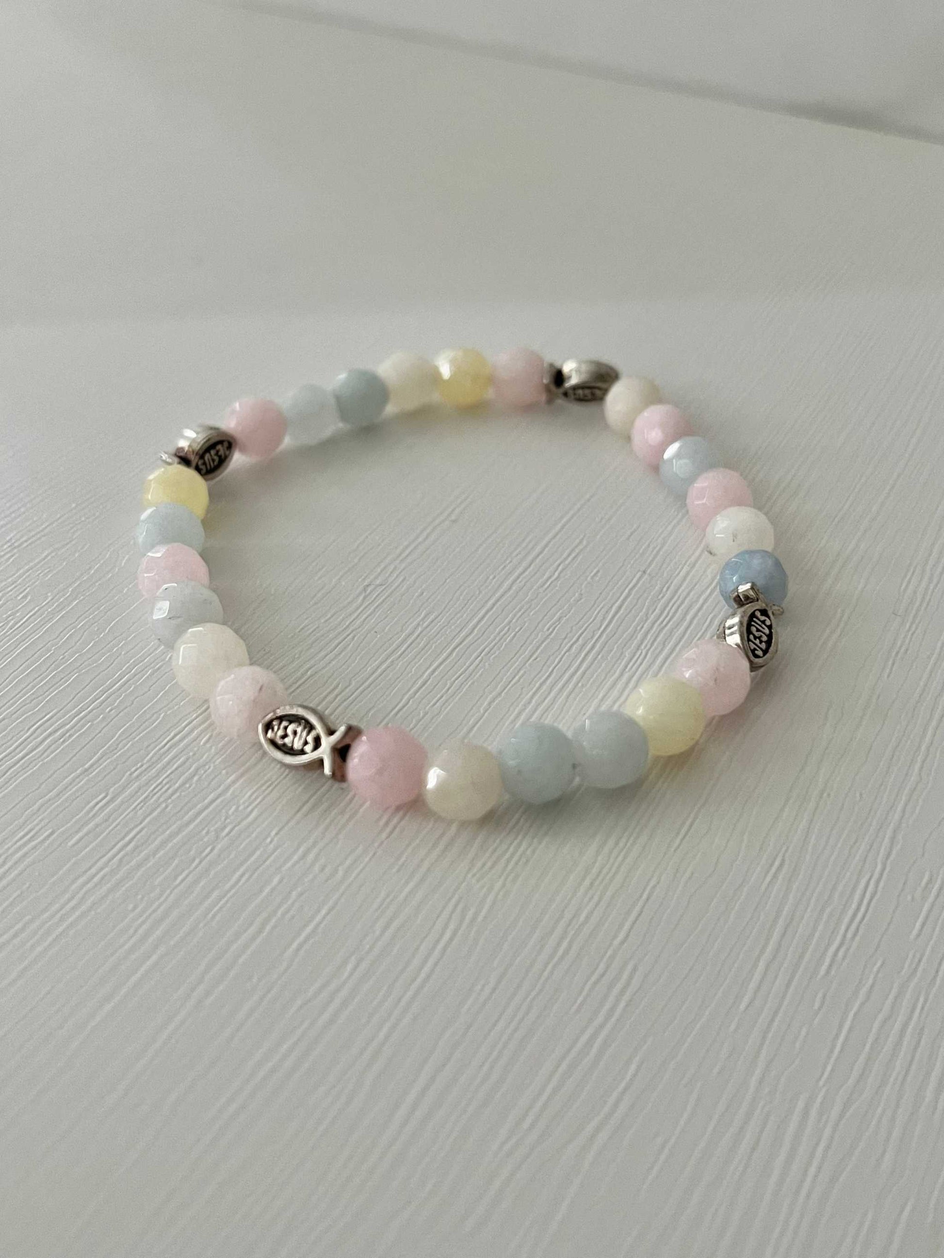 Handmade multicolor bead bracelet, unique Christian faith jewelry.