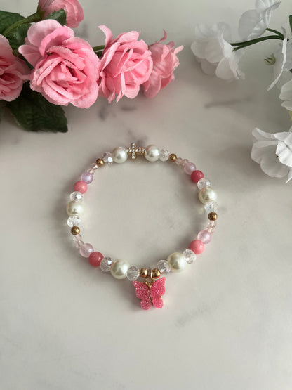 Christian Butterfly Cross Pearl Bead Bracelet with pearl stone and glass beads