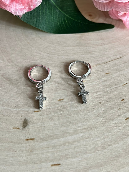Silver Cross Huggie Hoop Earrings with Lever-Back Closure, 11x12mm Faith-Based Jewelry for Women