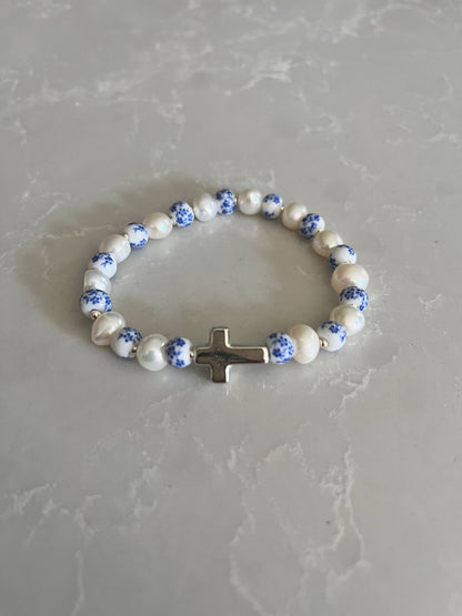 Floral Pearl Cross Bracelet – Christian Jewelry for Women