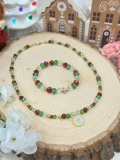 Christmas cross necklace and bracelet set with gold cross charms