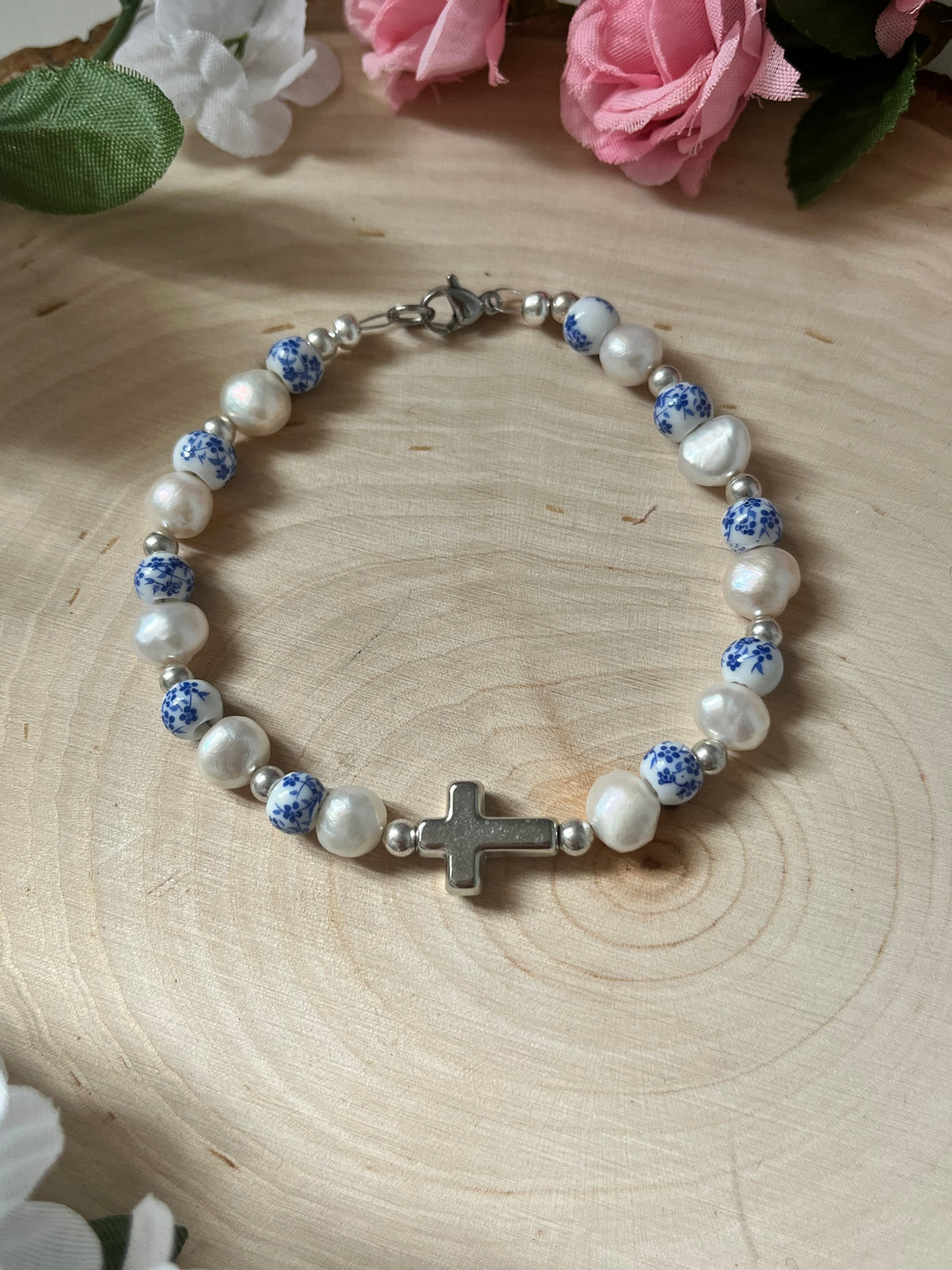 Floral Pearl Cross Bracelet – Christian Jewelry for Women