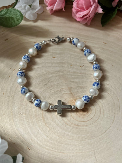 Floral Pearl Cross Bracelet – Christian Jewelry for Women