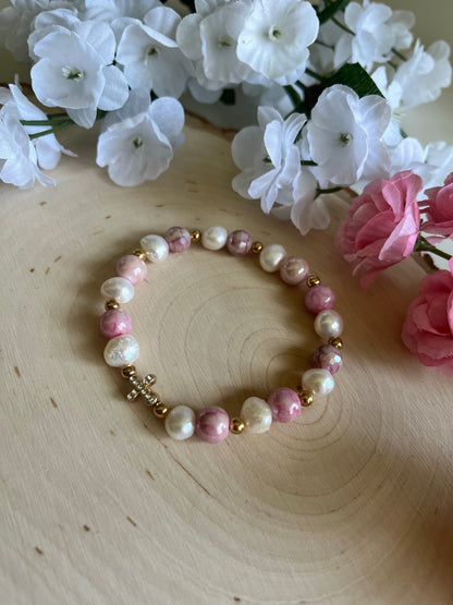 Pink pearl cross bracelet with gold charm, Christian stretch jewelry