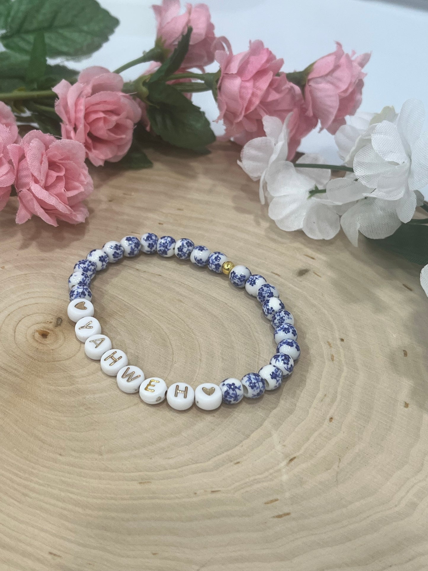 Yahweh floral stone marble bead bracelet Christian jewelry 