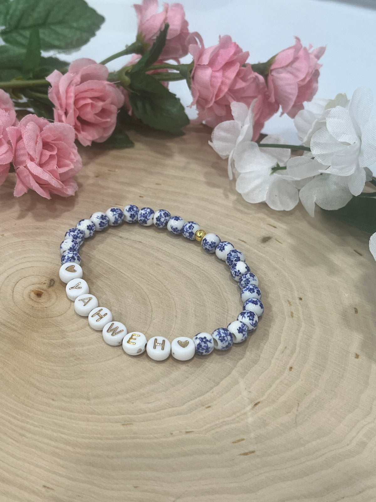 Yahweh floral stone marble bead bracelet Christian jewelry 