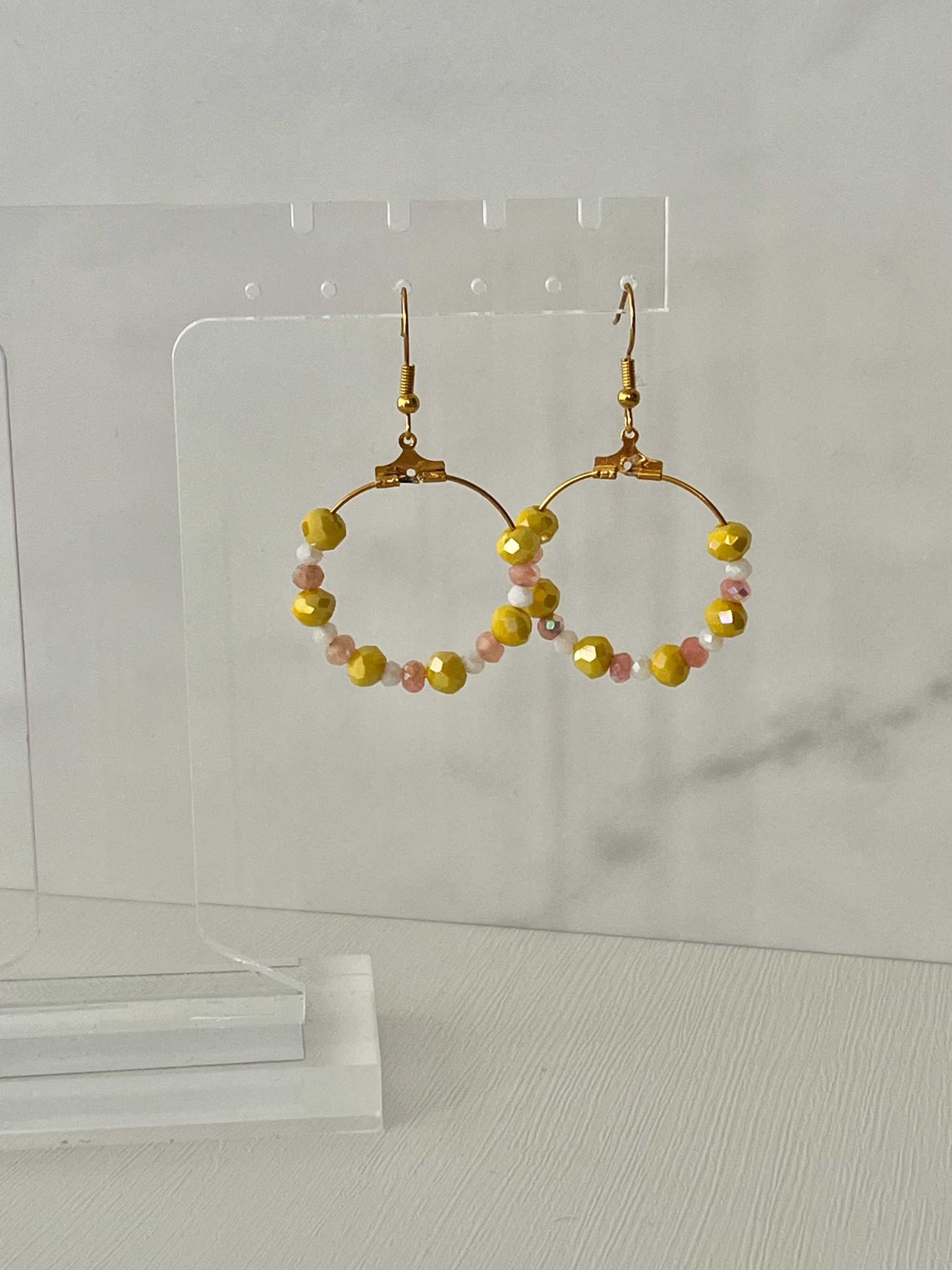 Peach Gold Hoop Earrings with yellow and peach faceted glass beads, elegant jewelry for daily wear

