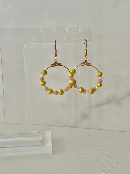 Peach Gold Hoop Earrings with yellow and peach faceted glass beads, elegant jewelry for daily wear


