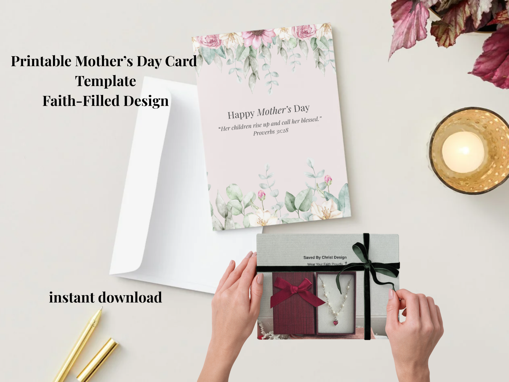 Christian Mother’s Day card template floral folded design editable faith-based card