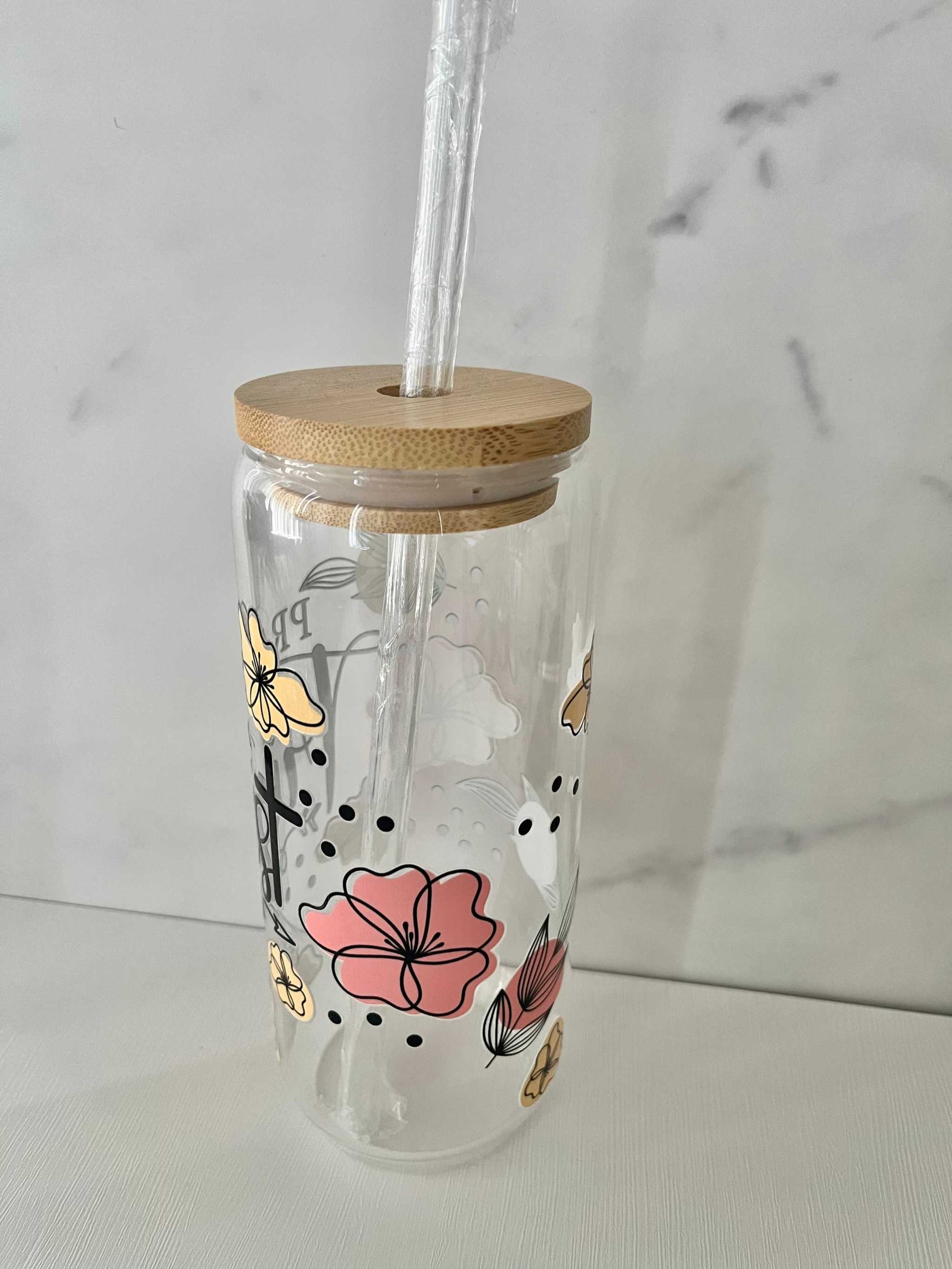 Pray Wait Trust Tumbler, 22oz glass with straw and straw cleaner, faith-inspired drinkware