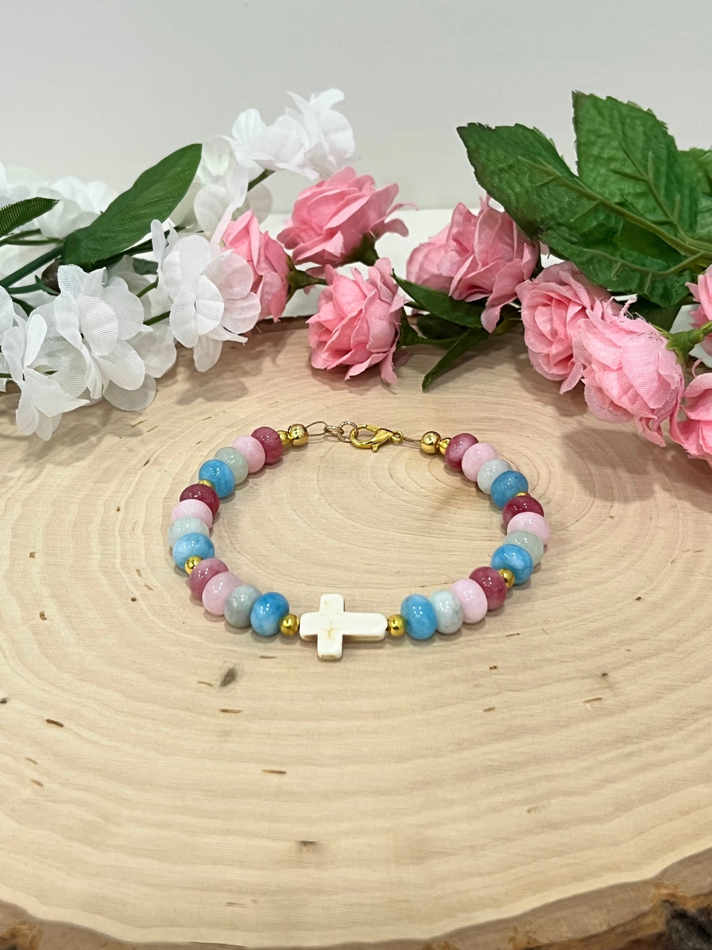 Fruit of the Spirit Cross Bracelet with stone beads and gold accents