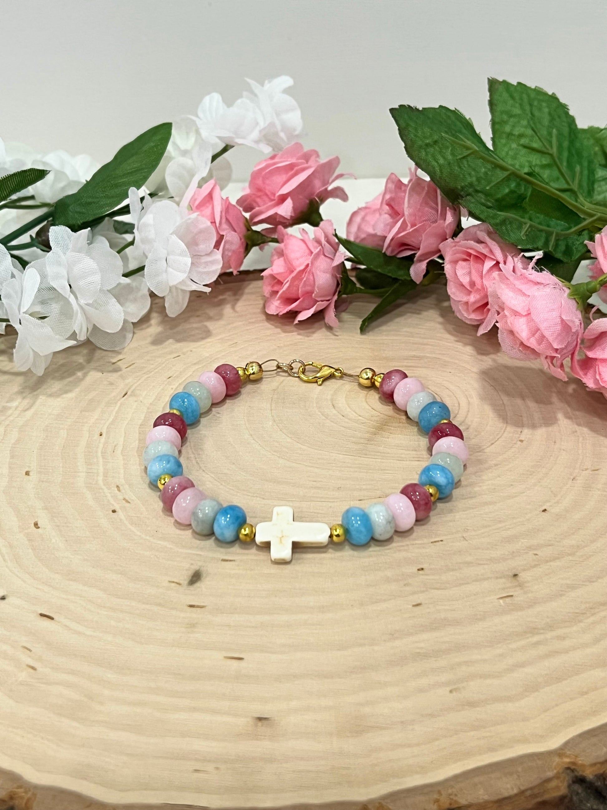 Fruit of the Spirit Cross Bracelet with stone beads and gold accents