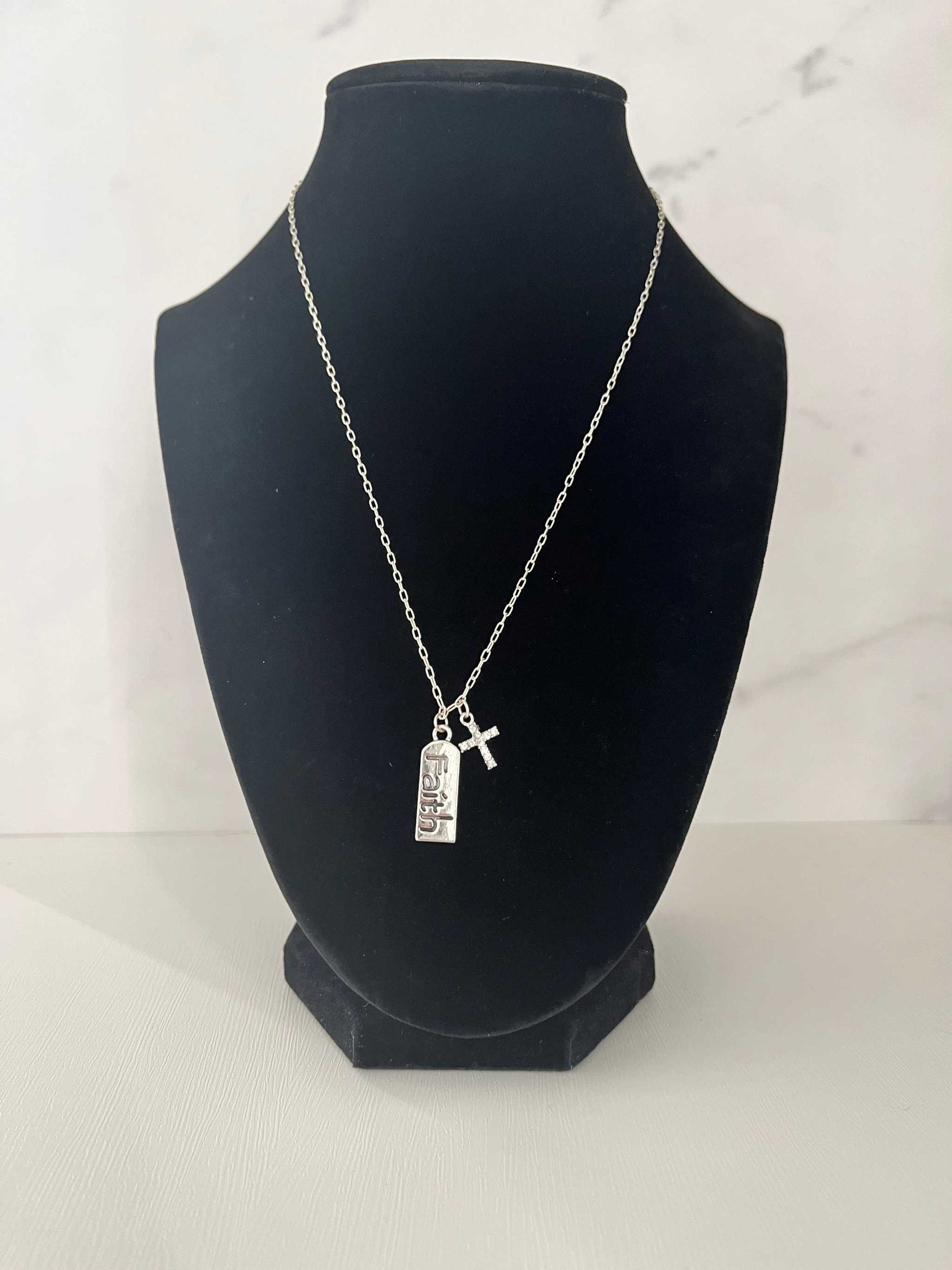 Silver Necklace with sterling cross pendant and faith charm – Christian jewelry.

