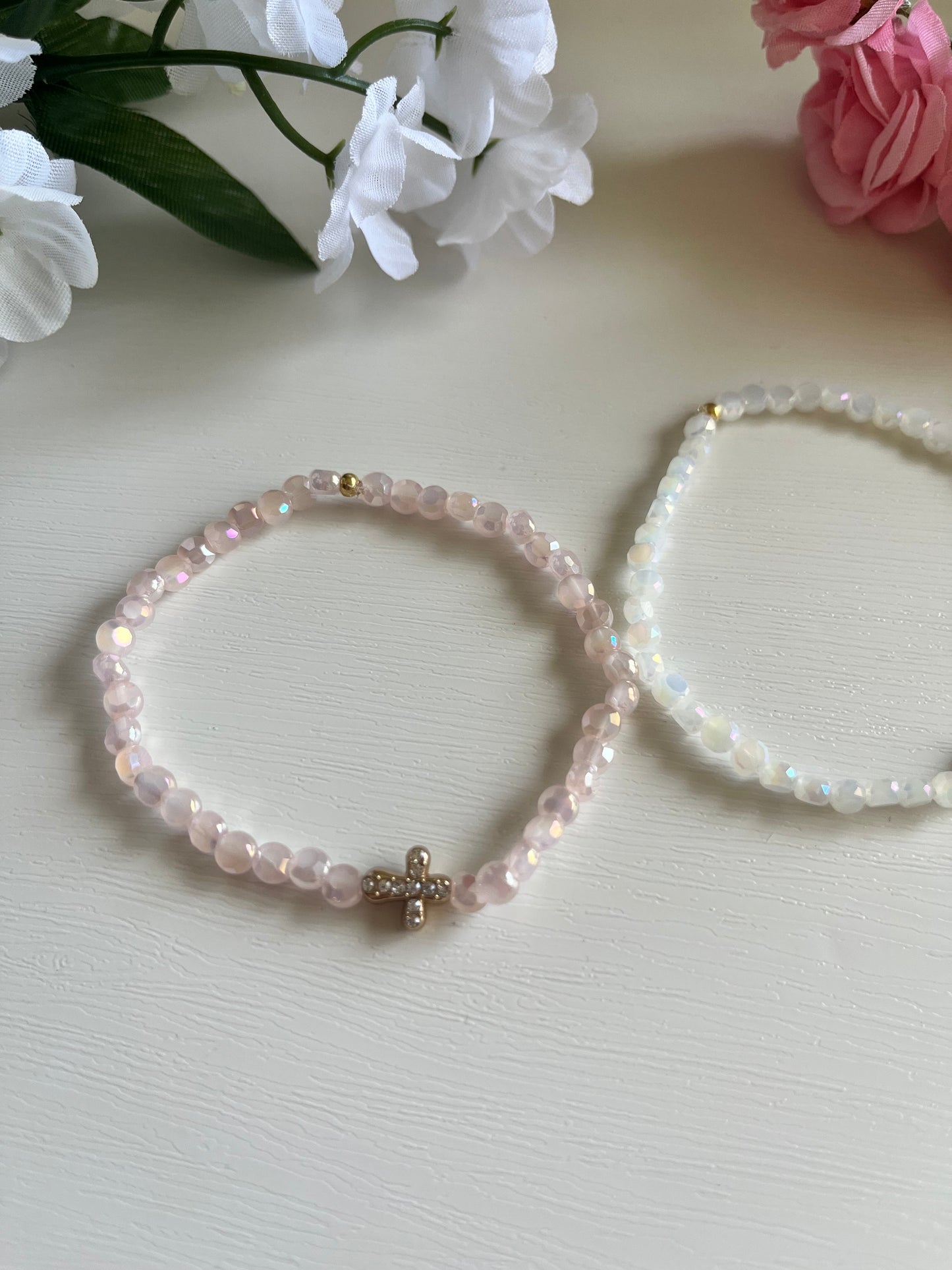 Plated glass cross bead bracelet Christian jewelry handmade