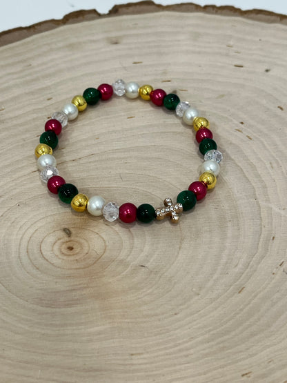 Gold beaded Christmas cross bracelet with jeweled cross charm