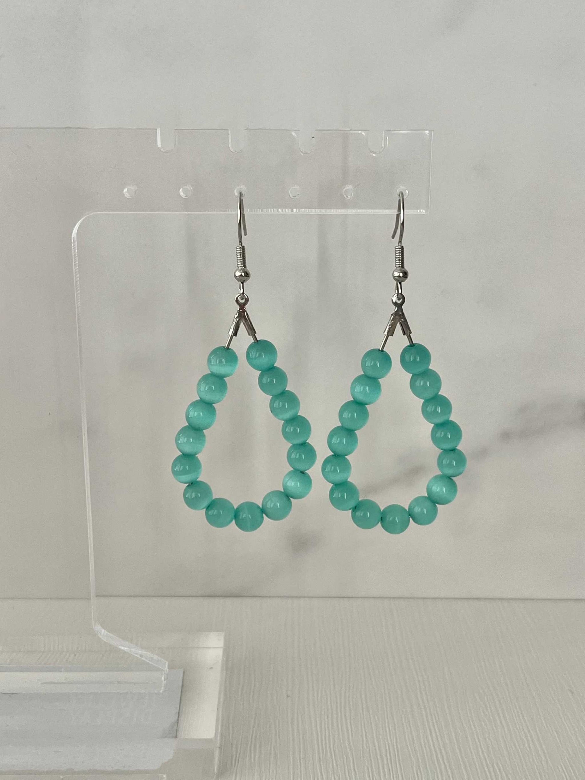 Teal Cat Eye Earrings - Light Blue Opal and Silver Jewelry