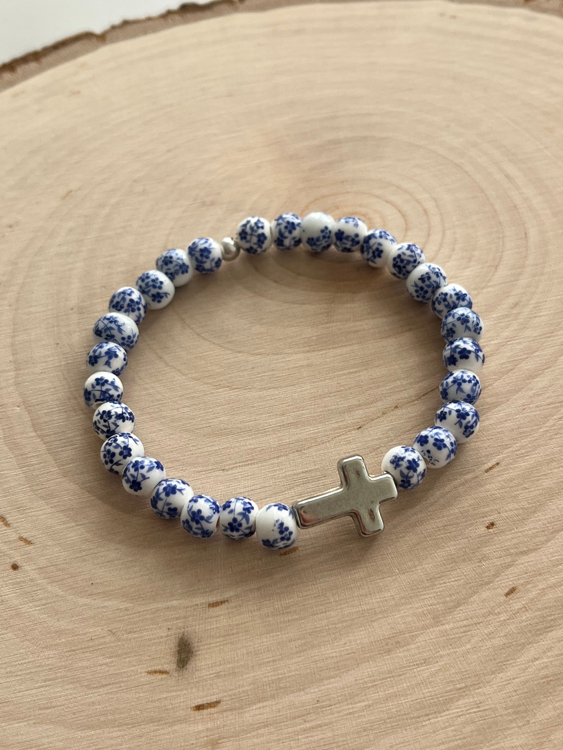 Blue floral cross bead bracelet, handmade Christian jewelry and faith gift for women