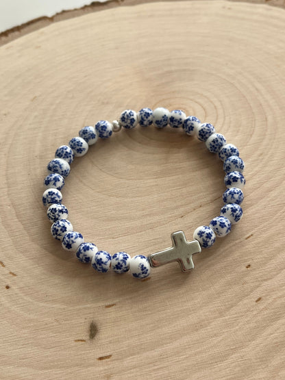 Blue floral cross bead bracelet, handmade Christian jewelry and faith gift for women