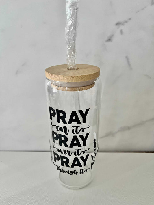 Pray Glass Tumbler, 22oz with reusable straw and straw cleaner, faith-inspired