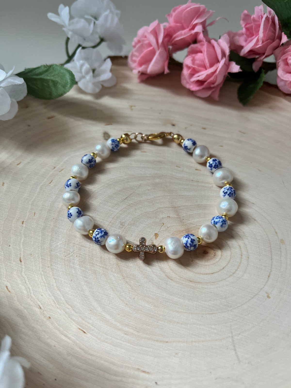 Floral Pearl Cross Bracelet – Christian Jewelry for Women