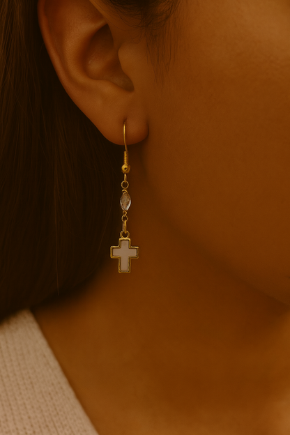 Mother of Pearl Cross Earrings with 18K gold-filled hooks, Christian faith jewelry for women