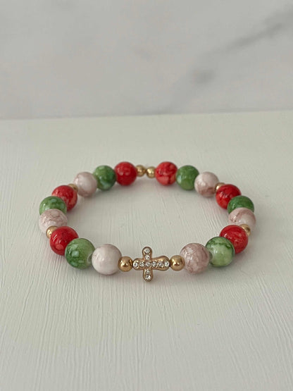 Jeweled Christmas Gold Cross bead bracelet – festive Christian holiday jewelry.

