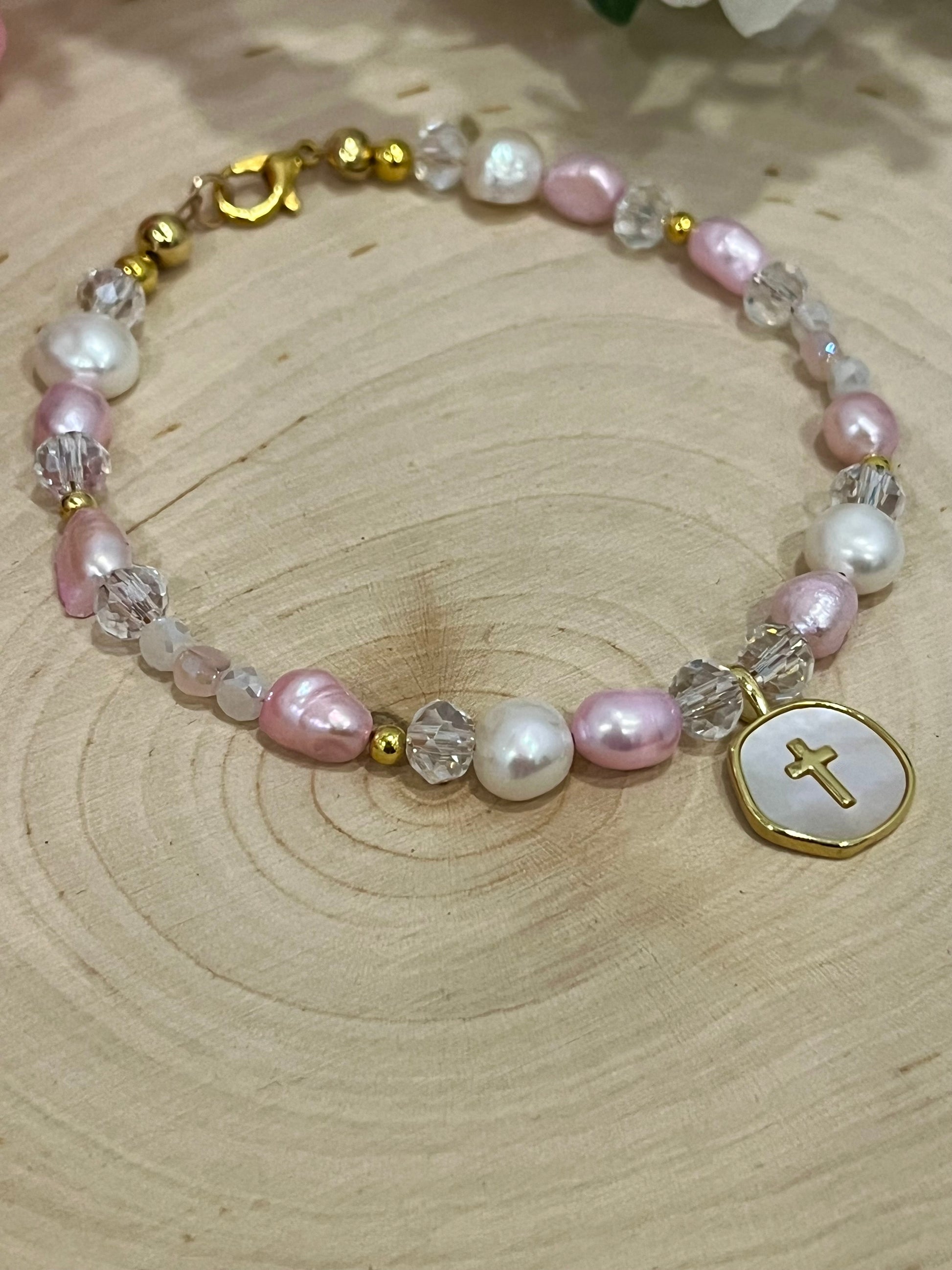 Pink white pearl gold cross bead bracelet Christian jewelry for women