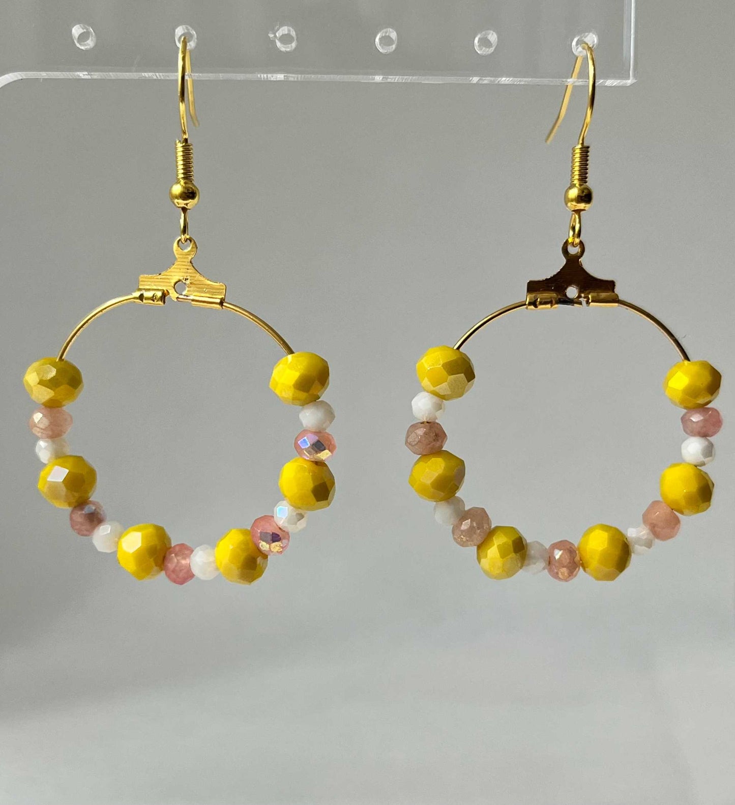 Peach Gold Hoop Earrings with yellow and peach faceted glass beads, elegant jewelry for daily wear

