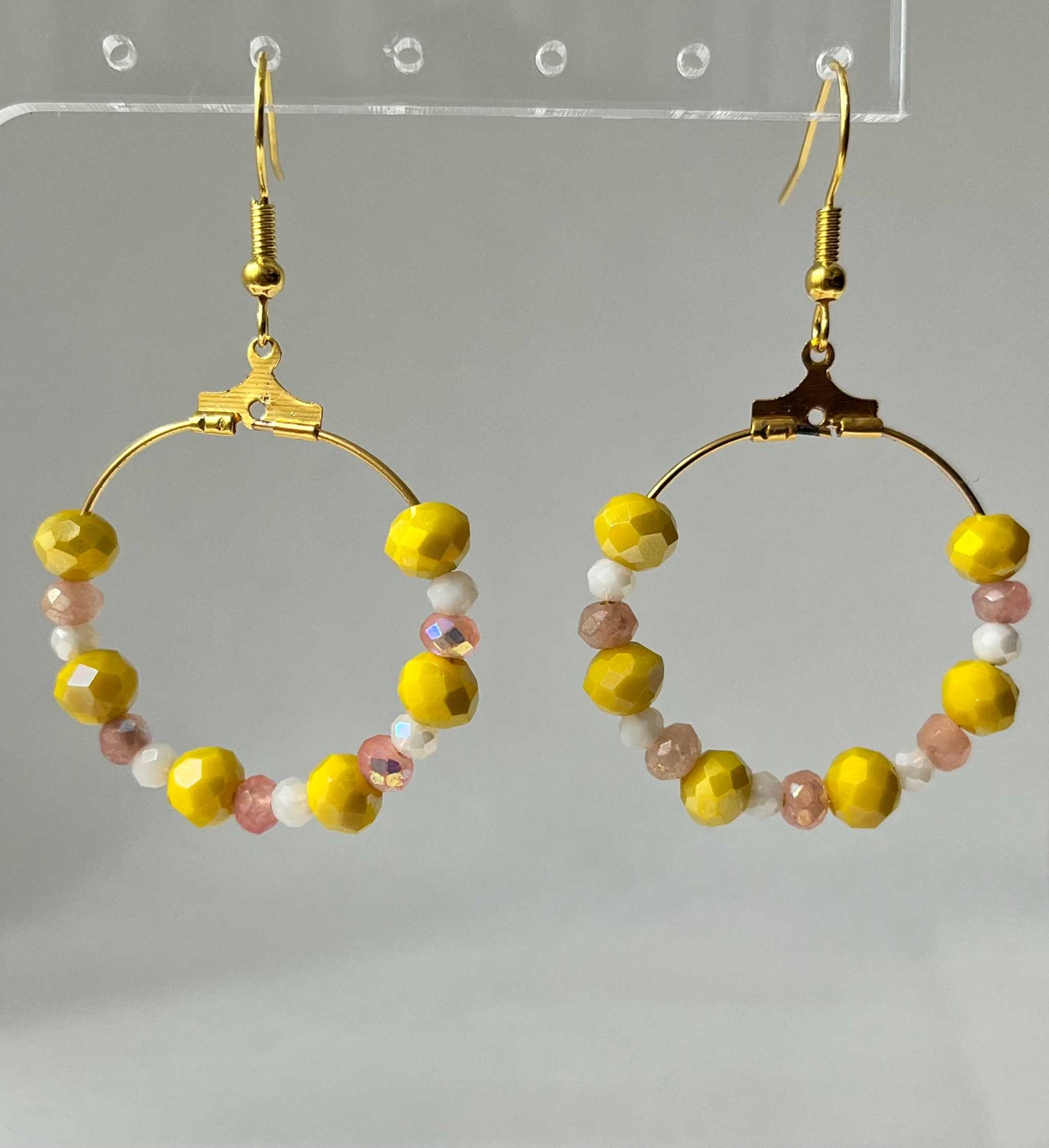 Peach Gold Hoop Earrings with yellow and peach faceted glass beads, elegant jewelry for daily wear

