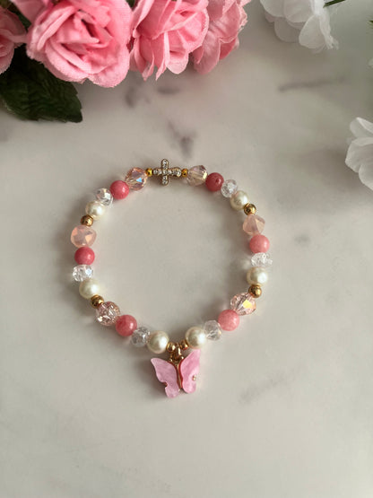 Christian Butterfly Cross Pearl Bead Bracelet with pearl stone and glass beads