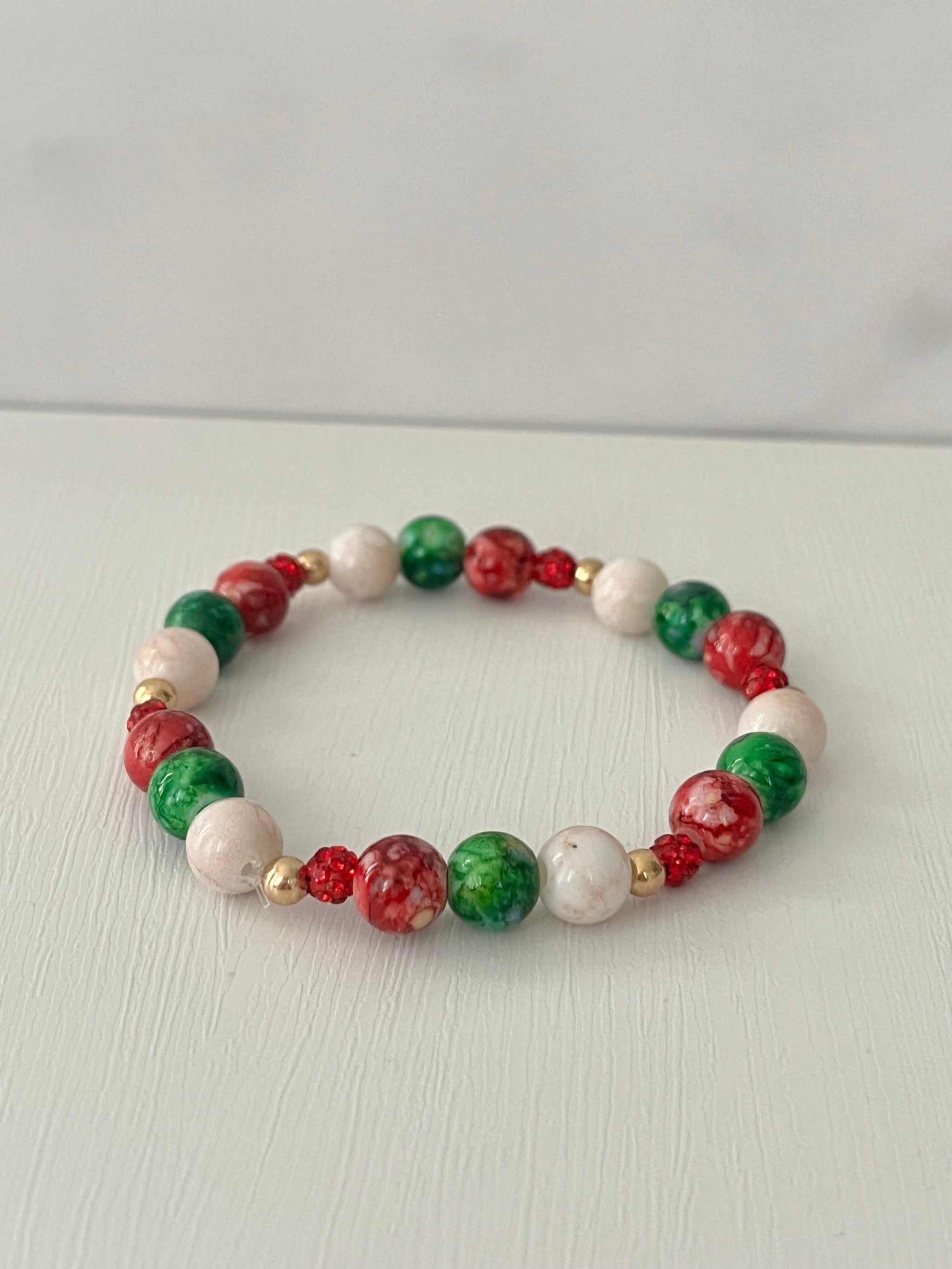 Christmas Jeweled Beaded Bracelet, festive holiday bracelet with colorful beads and jeweled accents